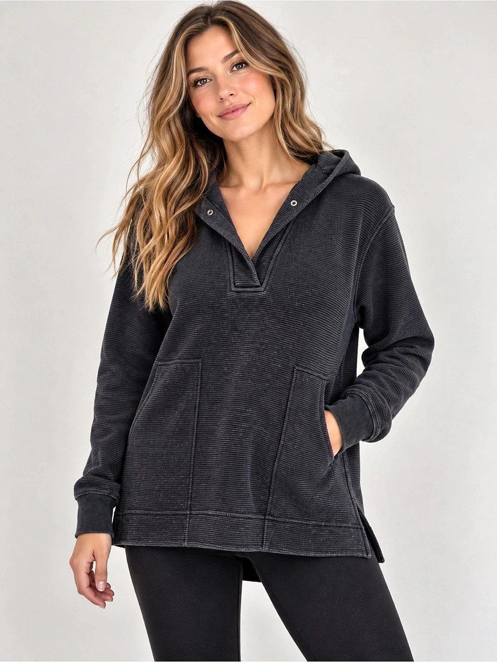 Athleta Coaster Luxe Waffle Hoodie Women's Hooded Pullover Black Medium